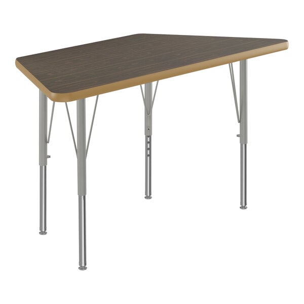 A brown and silver rectangular Correll activity table with a wooden top.