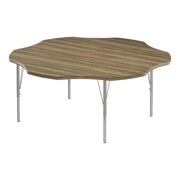 A Correll activity table with a hickory wood top and silver metal legs.