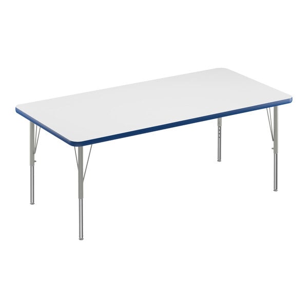 A white rectangular Correll activity table with a blue edge.