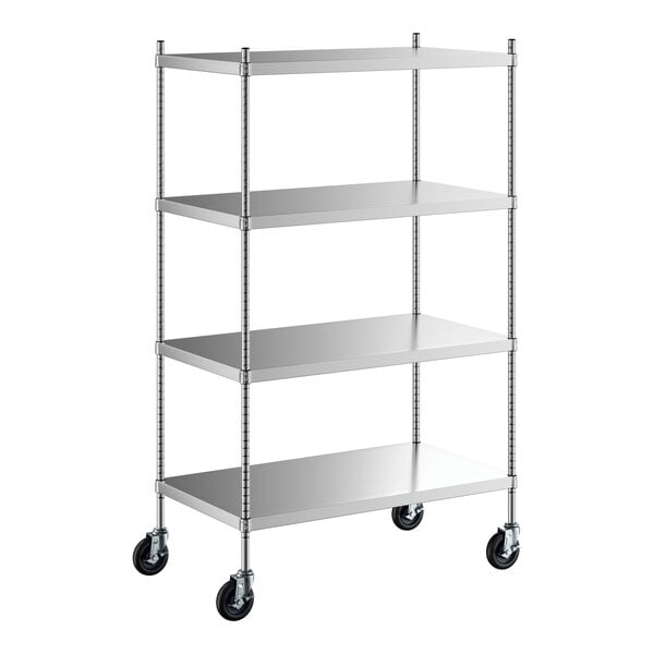 A Regency stainless steel shelving unit on wheels with 4 shelves.