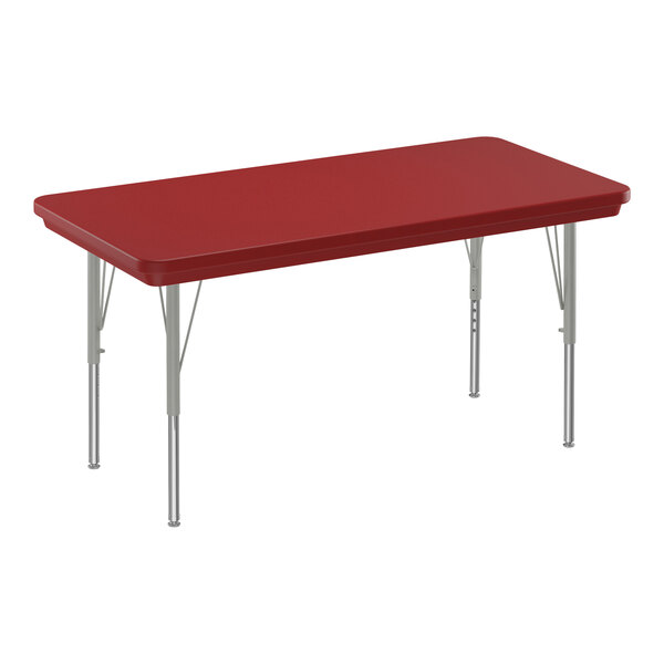 A rectangular red Correll activity table with silver legs.