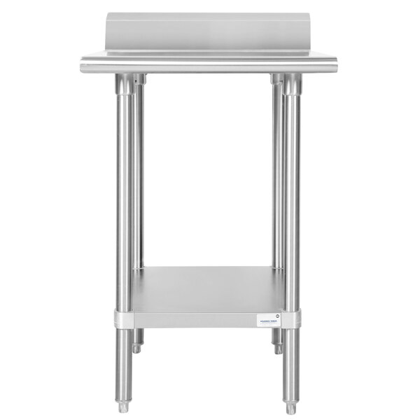 A silver stainless steel Advance Tabco work table with undershelf.