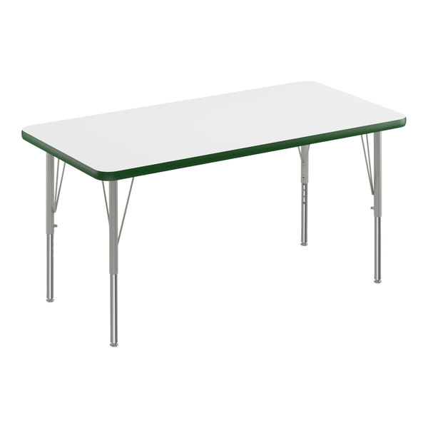 A white rectangular Correll activity table with green edges and silver legs.