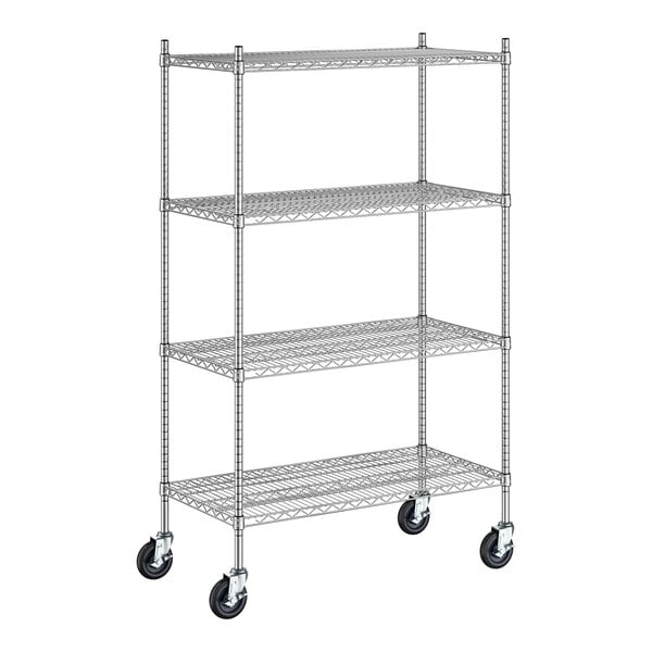 A Regency stainless steel wire shelving starter kit with wheels.