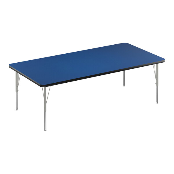 A blue rectangular Correll activity table with silver metal legs.