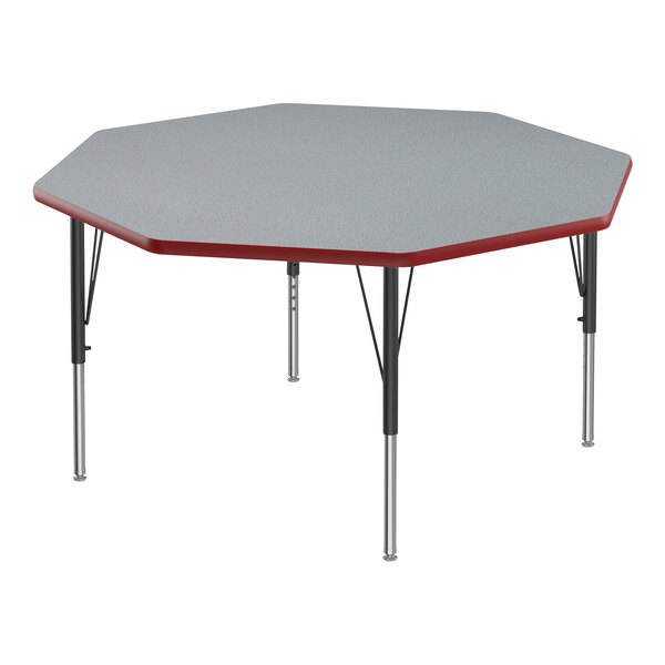 A Correll gray and red octagon activity table with black legs and red trim.