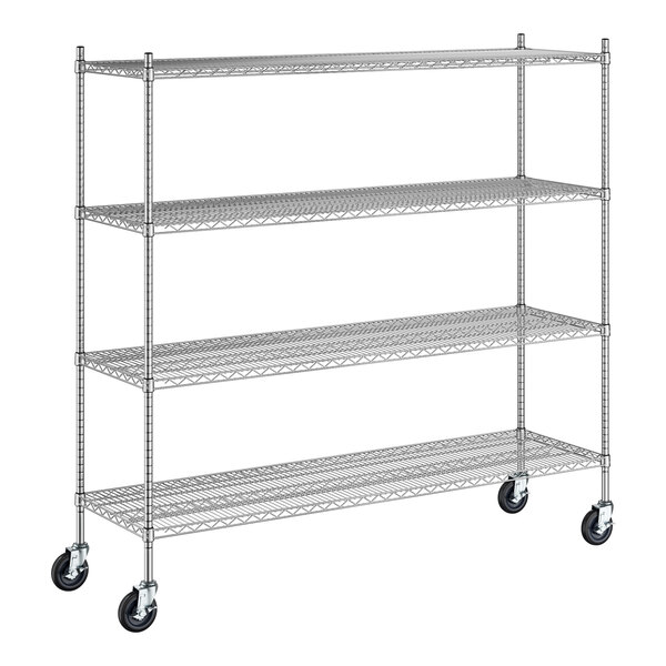 A Regency stainless steel wire shelving unit with wheels.
