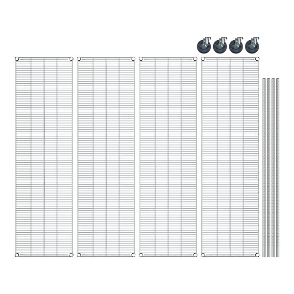 A Regency stainless steel wire shelving starter kit with four shelves and metal grids.
