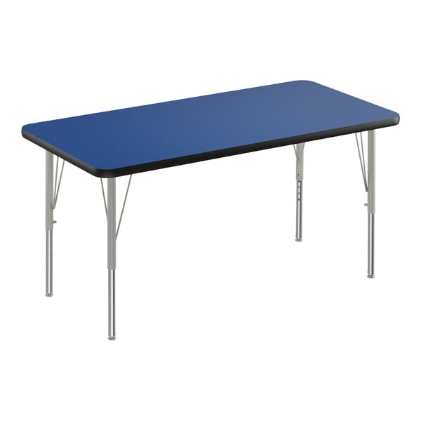 A blue rectangular Correll activity table with silver legs and black trim.