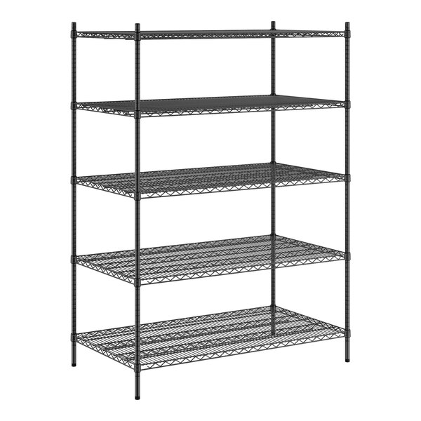 A black Regency wire shelving unit with four shelves.
