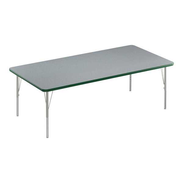 A Correll rectangular activity table with a gray top and silver legs.