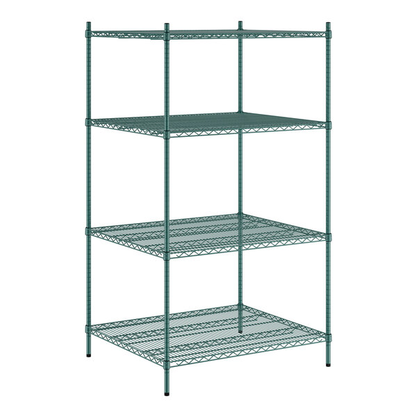 A green metal Regency wire shelving unit with four shelves.