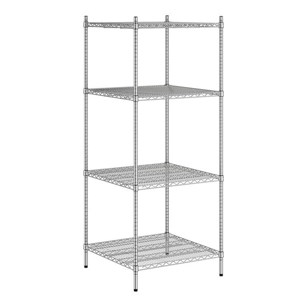 A Regency chrome metal wire shelving unit with four shelves.