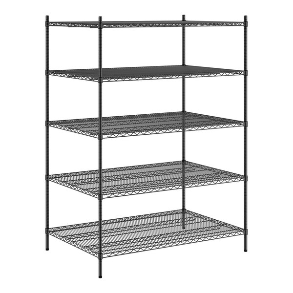 A Regency black wire shelving unit with four shelves.