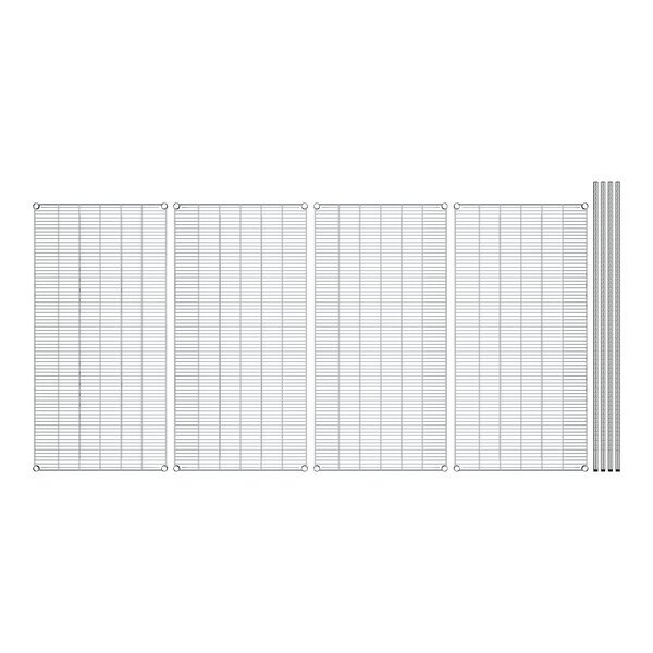 A white grid of metal shelves with four shelves.