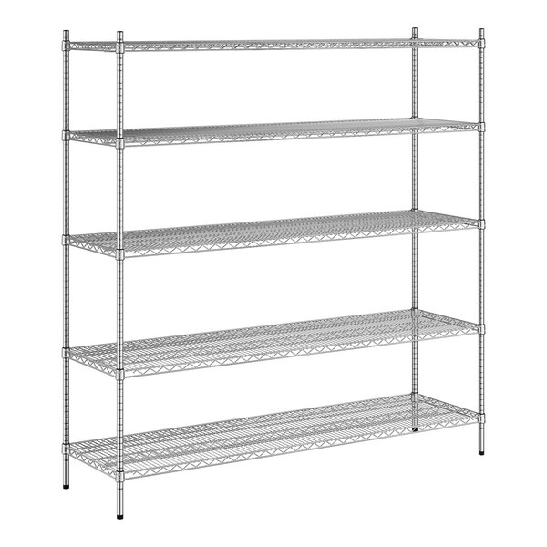 A white wireframe of a Regency stainless steel shelving unit with five shelves.