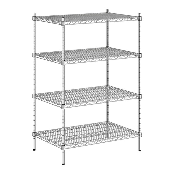 A wireframe Regency stainless steel shelving unit with four shelves.