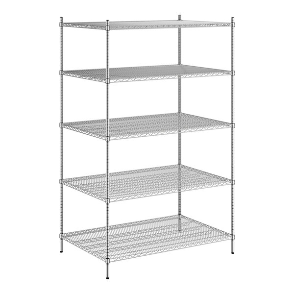 A Regency stainless steel wire shelving unit with five shelves.