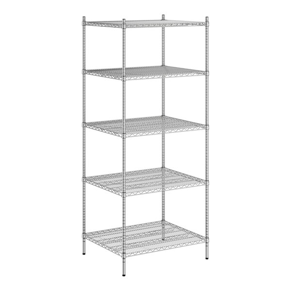 A wireframe of a Regency stainless steel wire shelving unit with five shelves.