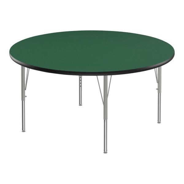 A green Correll activity table with silver metal legs and black T-mold.