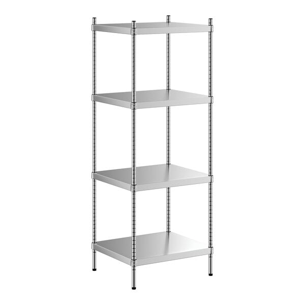 A Regency stainless steel stationary shelving unit with four shelves.