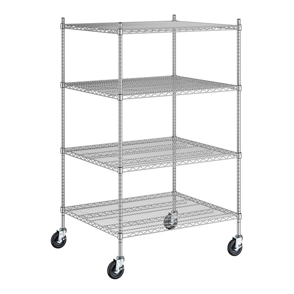 A Regency chrome wire shelving starter kit with wheels and four shelves.