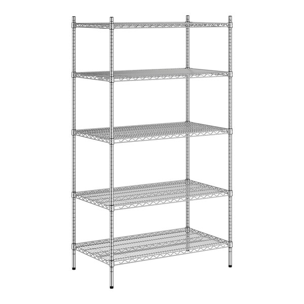 A Regency stainless steel wire shelving unit with five shelves.