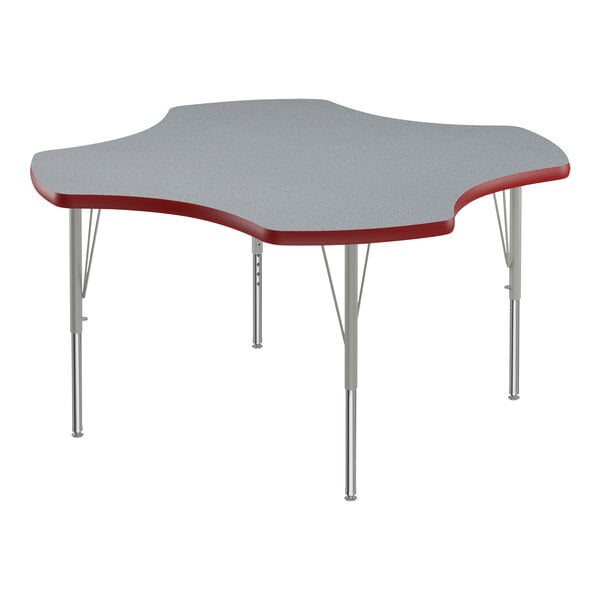 A gray and red Correll activity table with silver legs.