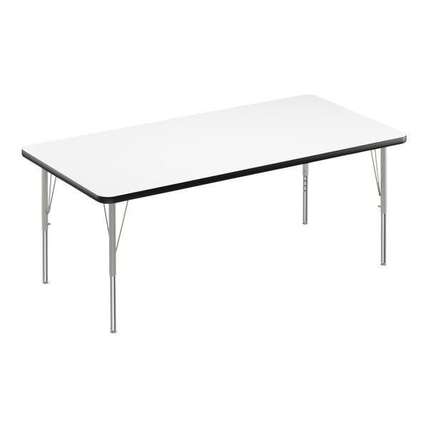 A white rectangular table with black edges and silver legs.