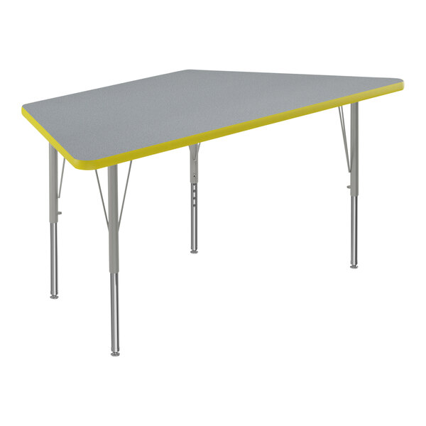 A grey and yellow trapezoid table with a grey top.