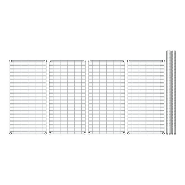 A white wire mesh grid with four rows of metal rods.