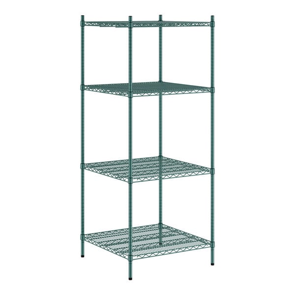 A green metal Regency wire shelving unit with four shelves.