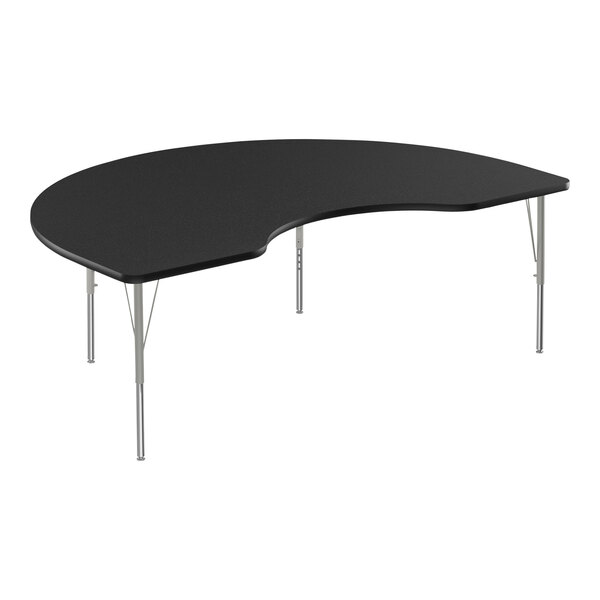 A black table with a curved edge and silver legs.