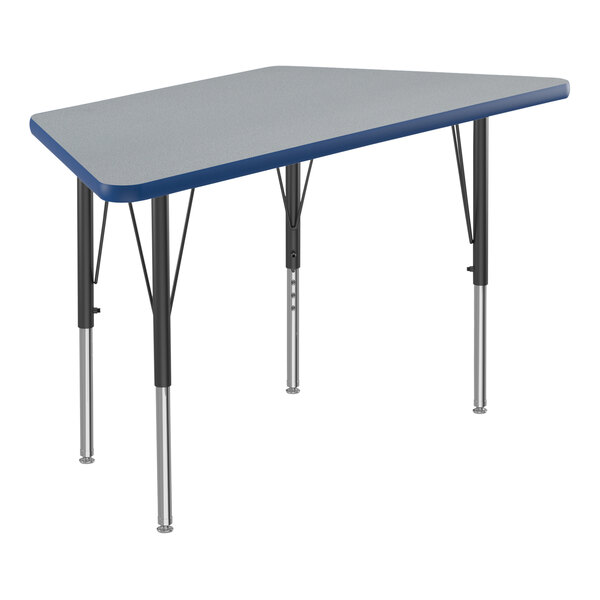 A grey rectangular Correll activity table with black metal legs and blue trim.