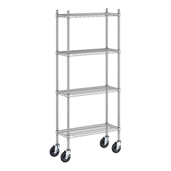 A Regency stainless steel wire shelving unit with wheels.