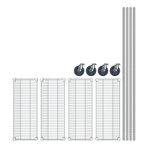 A diagram of a Regency stainless steel wire shelving starter kit with 4 shelves.