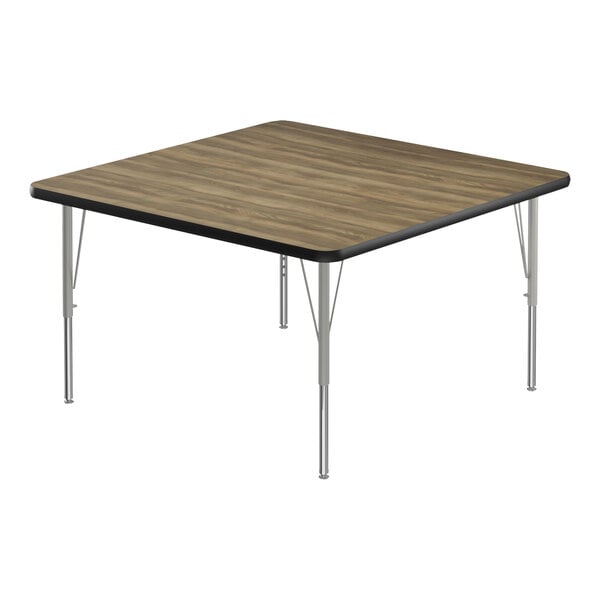 A square Correll activity table with silver legs and a black edge.