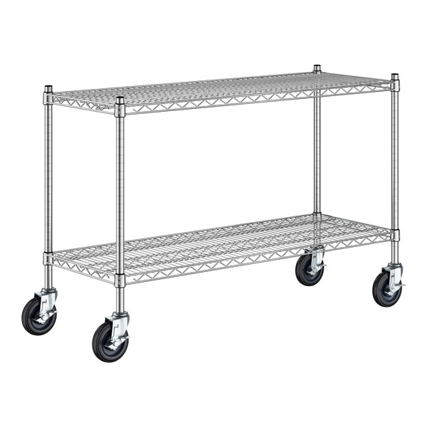 A Regency stainless steel wire shelf with wheels.