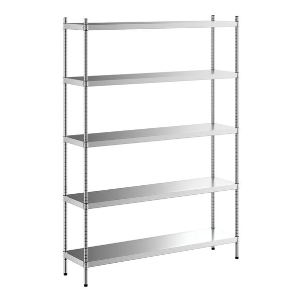 A Regency stainless steel shelving unit with five shelves.