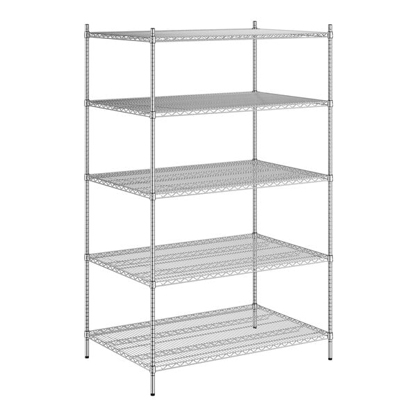 A wireframe of a Regency chrome stationary wire shelving unit with five shelves.