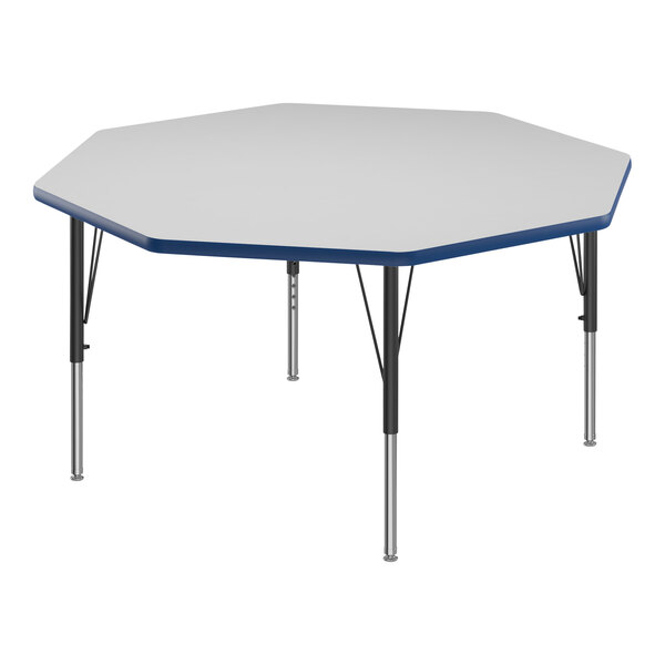 A white and blue hexagon activity table with black legs and blue trim.