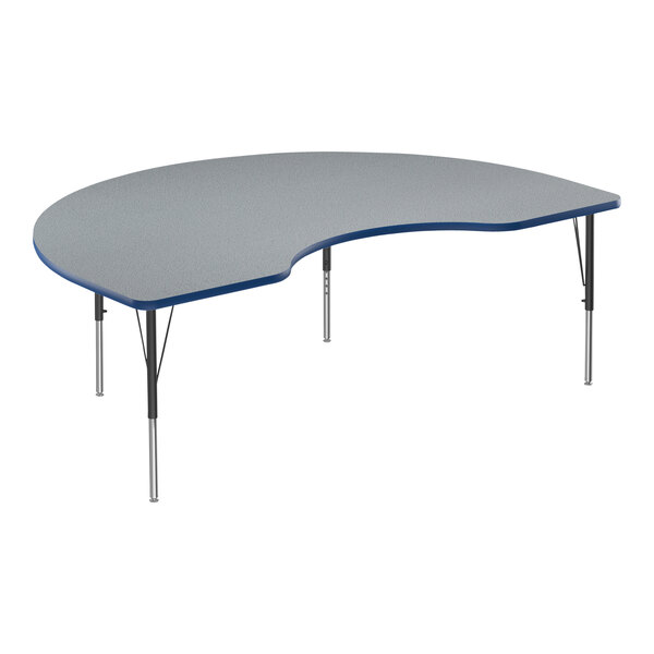 A grey and blue kidney-shaped Correll activity table with black legs and blue trim.