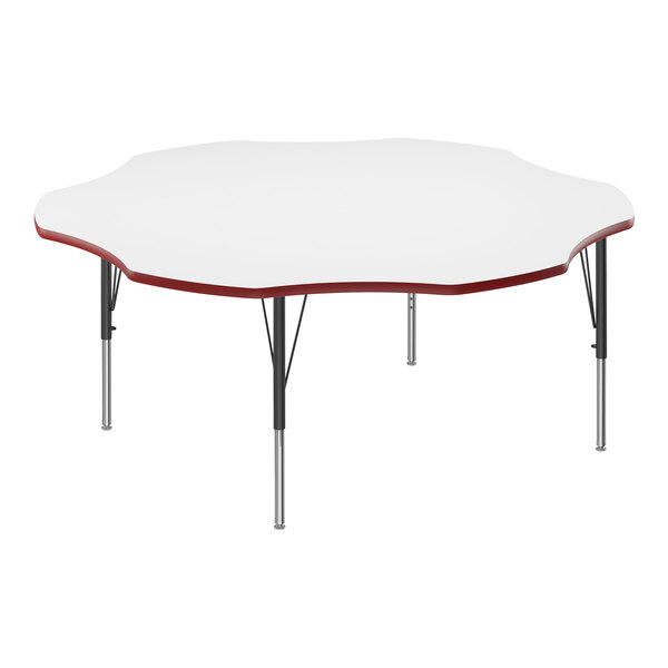 A white Correll activity table with a flower-shaped white dry erase board top with red edges.