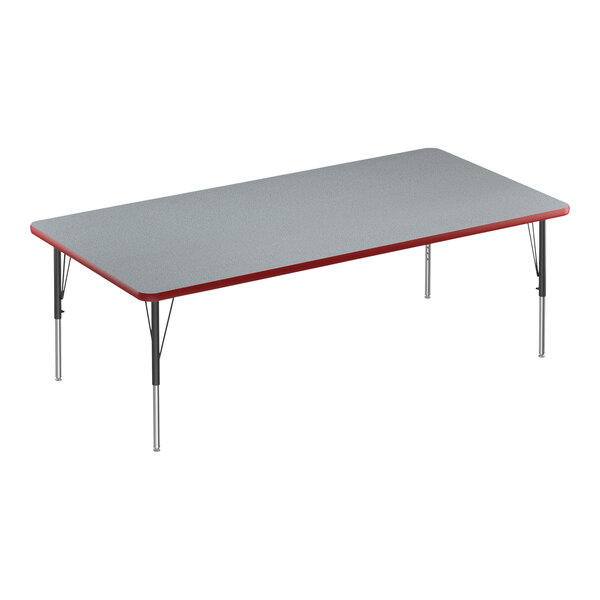 A rectangular grey Correll activity table with black metal legs and a red edge.
