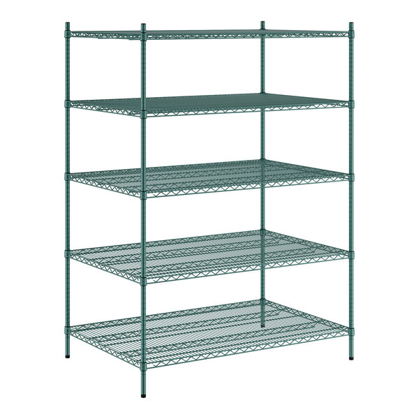 A green metal Regency wire shelving unit with 5 shelves.