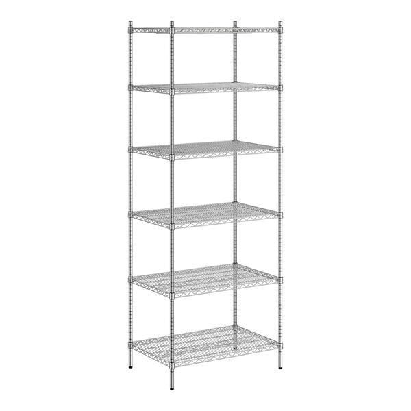 A wireframe of a Regency stainless steel wire shelving unit with six shelves.