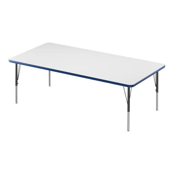 A white rectangular Correll activity table with blue trim.