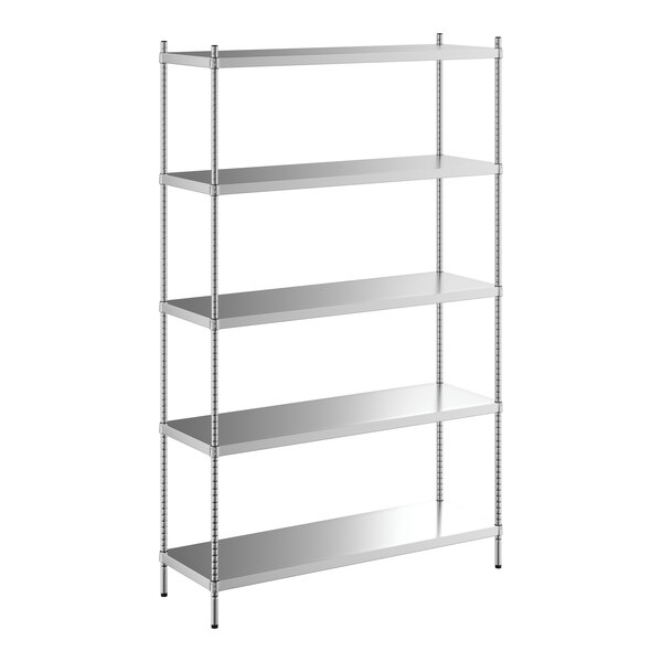 A Regency stainless steel stationary shelving unit with five shelves.