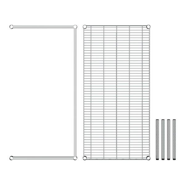 A Regency stainless steel wire rack with metal rods on the sides.