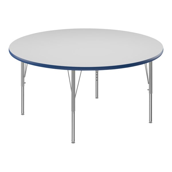 A white table with a blue edge.